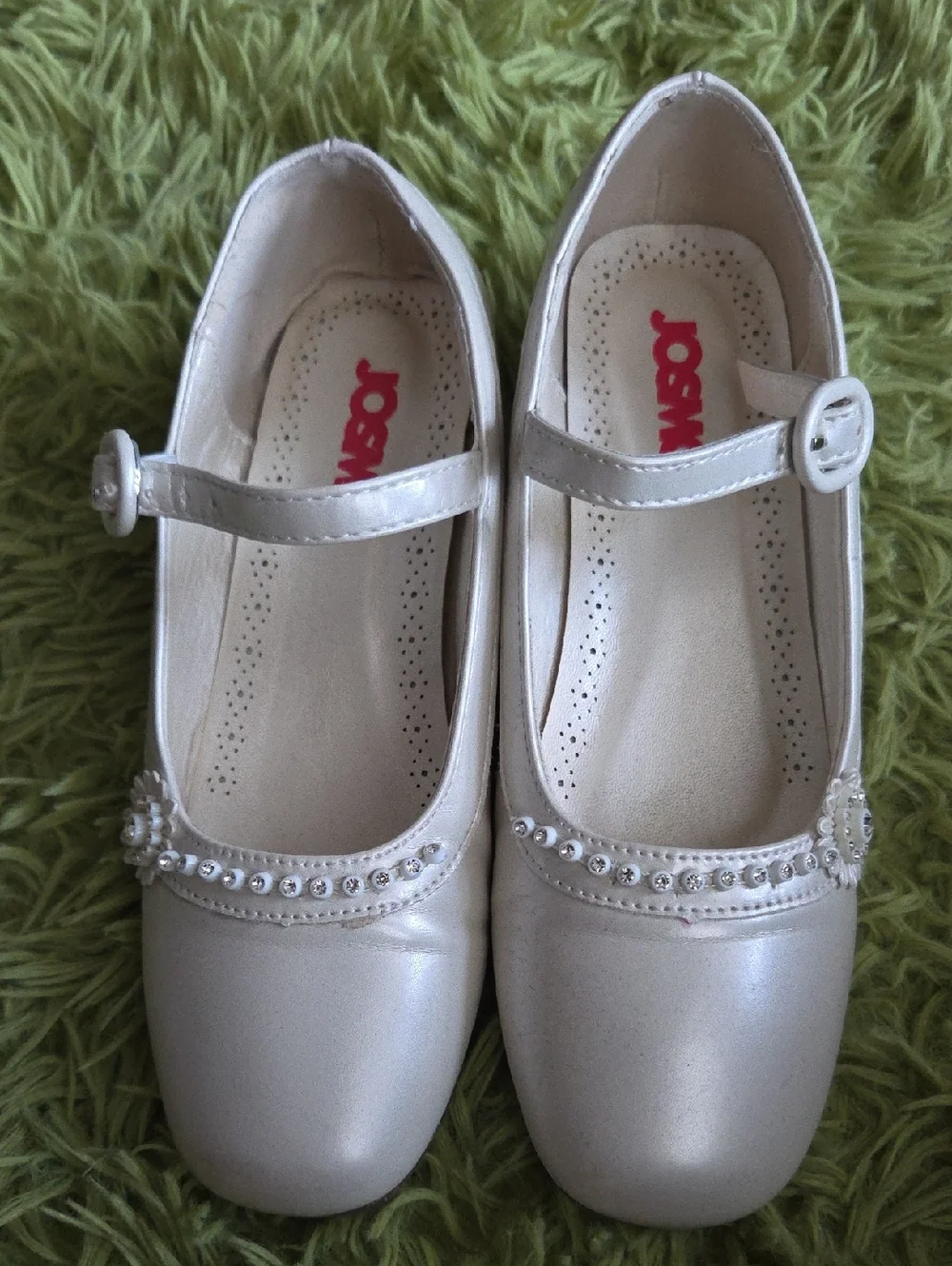 Josmo Pearlized Ivory‎ Girls Mary Jane Shoes with Rhinestone Strap